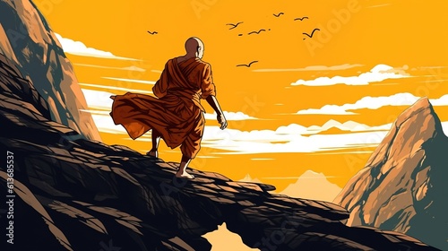 A monk challenging themselves to overcome an impossible obstacle. Fantasy concept , Illustration painting. photo