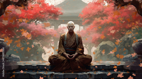 A monk meditating in a peaceful garden. Fantasy concept , Illustration painting.