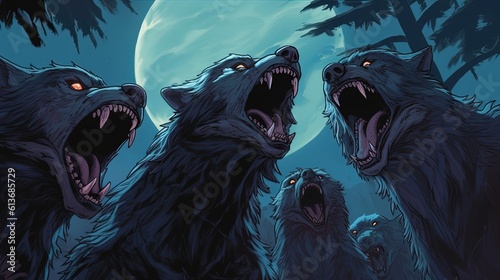 A pack of werewolves hunting under a full moon. Fantasy concept , Illustration painting.