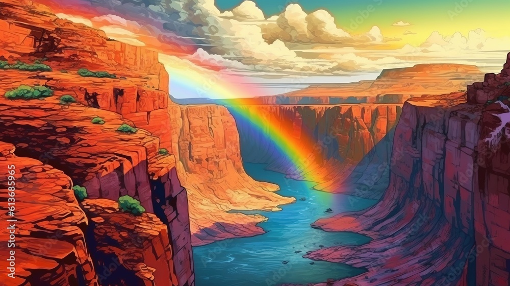A rainbow over a canyon. Fantasy concept , Illustration painting.