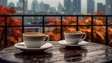 Two cups of coffee on a table overlooking an autumn city view. Generative AI. 