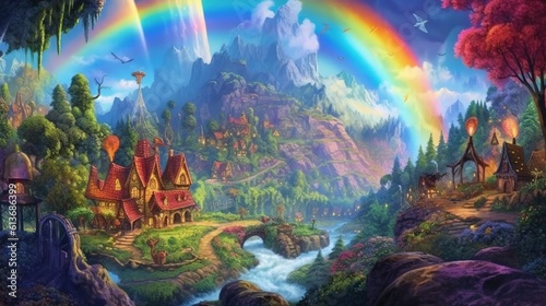 A rainbow over a fairy village in the forest. Fantasy concept , Illustration painting. © X-Poser