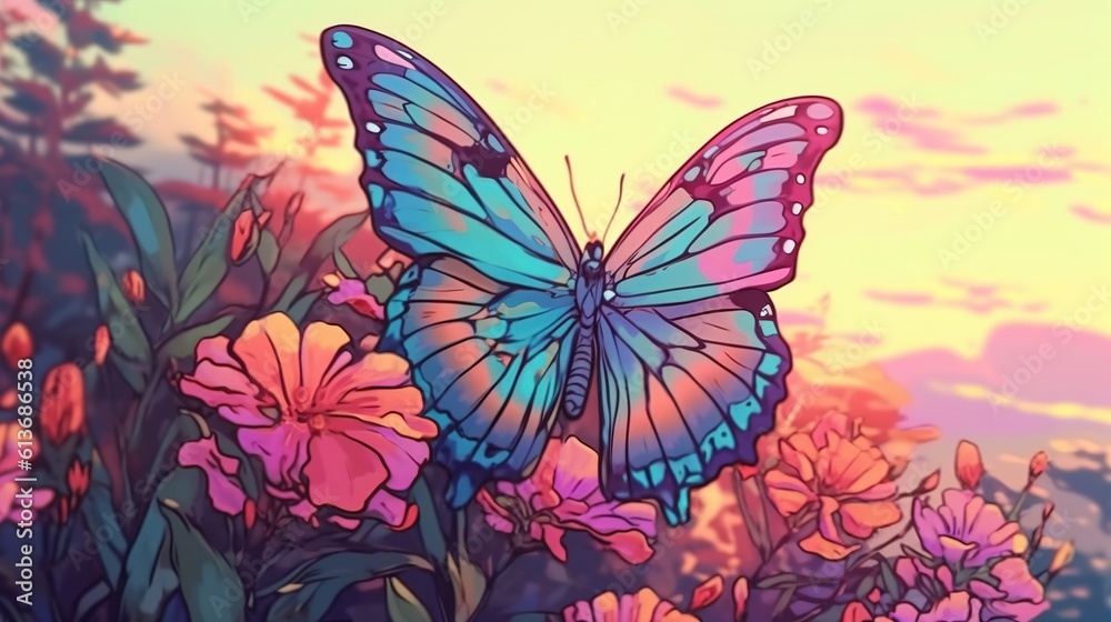 A rainbow-colored butterfly resting on a flower. Fantasy concept , Illustration painting. A rainbow-colored butterfly resting on a flower. Fantasy concept , Illustration painting.