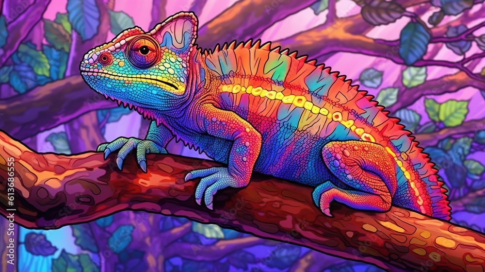 Obraz premium A rainbow-colored chameleon blending into a tree branch in a jungle. Fantasy concept , Illustration painting.
