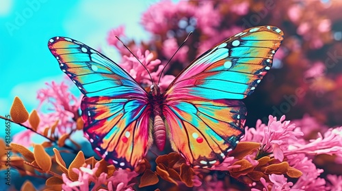 A rainbow-colored butterfly resting on a flower. Fantasy concept   Illustration painting.