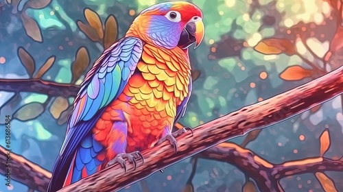 A rainbow-colored parrot perched on a branch in a jungle. Fantasy concept , Illustration painting.