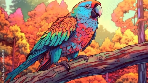 A rainbow-colored parrot perched on a branch in a jungle. Fantasy concept , Illustration painting.