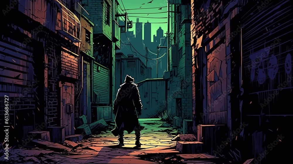 A rogue sneaking through a dark alley in a bustling city. Fantasy concept , Illustration painting. A rogue sneaking through a dark alley in a bustling city. Fantasy concept , Illustration painting.