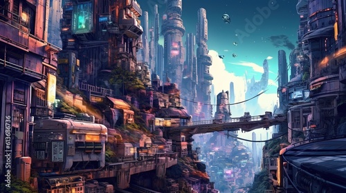A sci-fi planet with towering megacities and dark gritty alleys. Fantasy concept , Illustration painting.