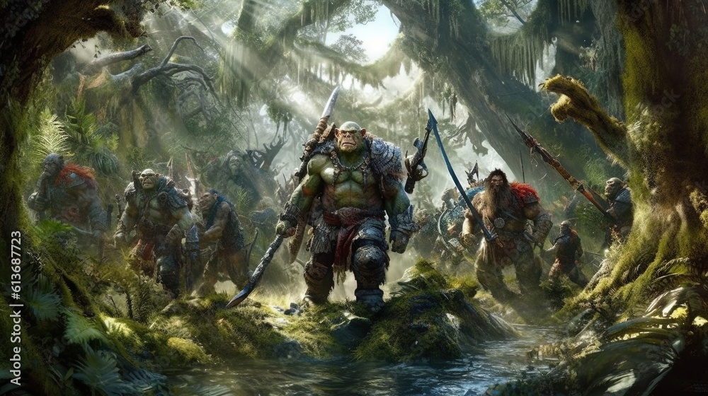 A squad of orc soldiers fighting in a high-tech jungle warzone. Fantasy concept , Illustration painting. - obrazy, fototapety, plakaty 