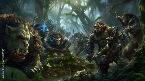 A squad of orc soldiers fighting in a high-tech jungle warzone. Fantasy concept , Illustration painting.