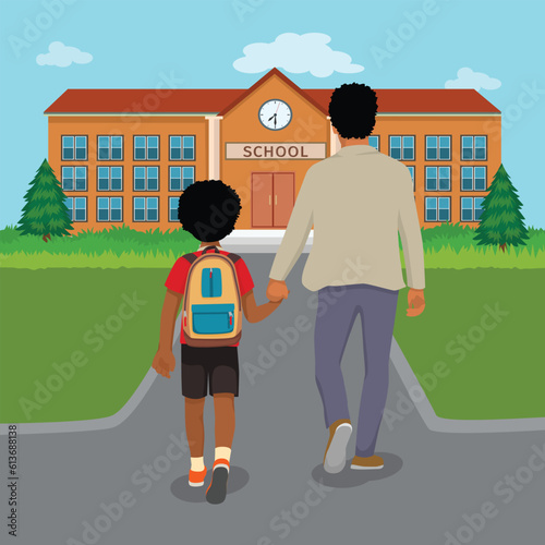 Back view little African boy student with his father walking go to school holding hands