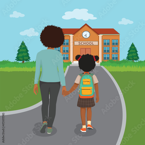 Back view little African girl student with her mother walking go to school holding hands