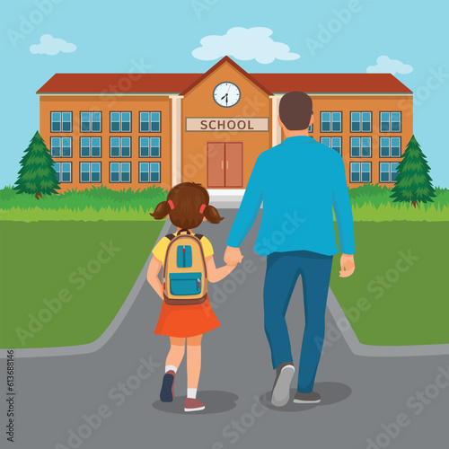 Back view little girl student with her father walking go to school holding hands