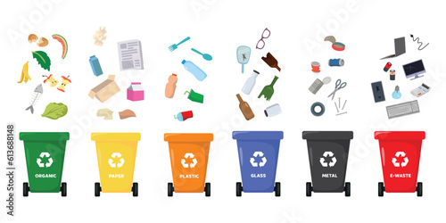 Sorting and recycling garbage by material with different types of colored waste bins with symbols for organic, paper, glass, plastic, metal, e-waste photo