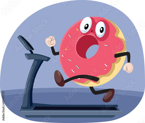 Funny Vector Donut Character Running on a Treadmill for Weight Loss. Funny dessert mascot running and exercising  
