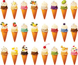 Vector illustration of ice cream cones with various flavors and colorful toppings and garnish.