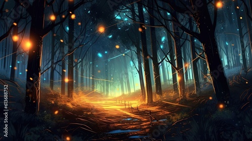A swarm of fireflies lighting up a dark forest. Fantasy concept , Illustration painting.