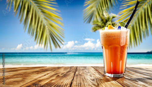 Desk of free space and summer drink on top. Blurred landscape of beach. Generative AI