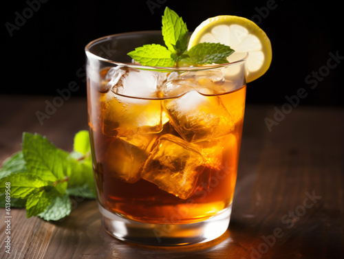 A refreshing glass of iced tea with lemon slices and mint leaves.