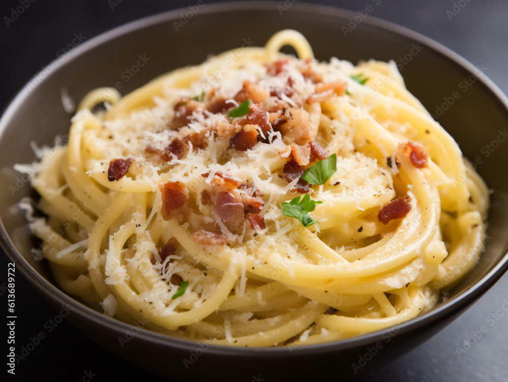 A bowl of creamy pasta carbonara garnished with crispy bacon and grated cheese. A bowl of creamy pasta carbonara garnished with crispy bacon and grated cheese.
