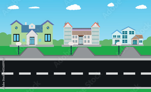 Flat vector cartoon style illustration urban landscape street with cars, skyline city office buildings, family houses in small town and mountain with green trees in background, house in the city.