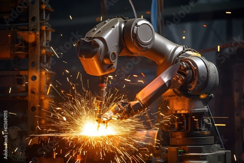 an industrial robot performs welding , the sparkles come out from the weldings