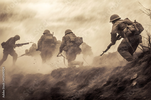 soldiers on the battlefield in world war ii, no visible faces. dusty background