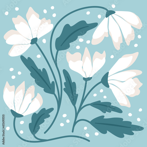 Botaniczna boho kompozycja z białymi kwiatami i zielonymi listkami. Minimalistyczny styl. Ilustracja wektorowa.