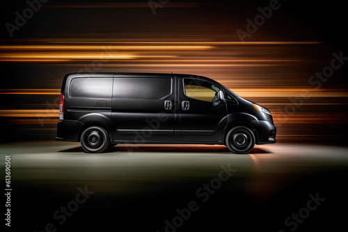 A deliveryBlack  van with glowing lights and fast motion blur. Generative ai  © Sattawat