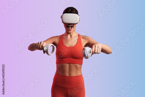 Woman in VR glasses with controllers