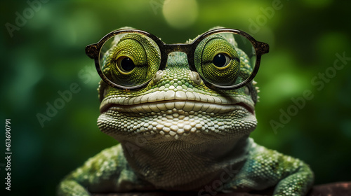 reptile close-up scale green portrait animal iguana wildlife lizard glasses. Generative AI.