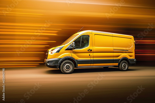A delivery Yellow van with glowing lights and fast motion blur. Generative ai 
