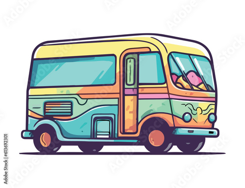 Yellow tour bus journey on flat icon