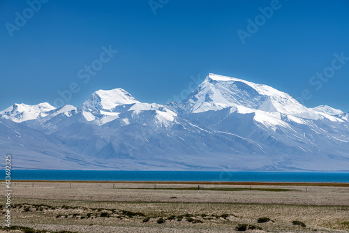 Gurla Mandhata and Lake Manasarovar in Pulan county 
 Ngari Prefecture Tibet Autonomous Region, China. photo