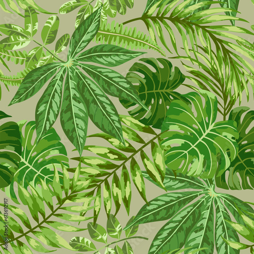 Seamless exotic pattern with tropical leaves on a beige background. Vector illustration. Vector illustration.