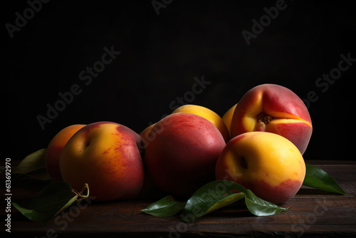 Fresh peaches. On a wooden background. Top view. Free space for your text. generative ai