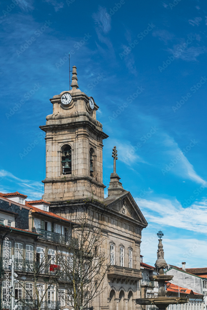 Guimaraes, Portugal. April 14, 2022: Architecture and facade of St. Peter's Basilica.