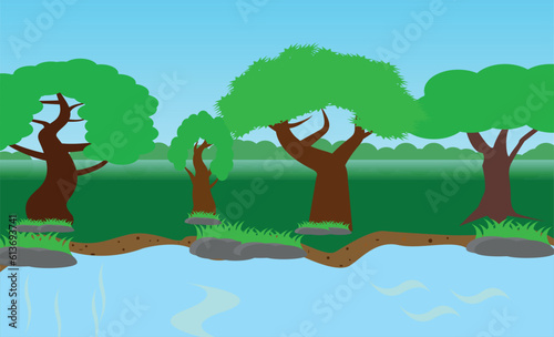 Vector illustration of a sunny forest, mountains and a river. Cartoon style wallpaper, flyer, banner or landing page. Camping place in the wood near the water, tree and the park.