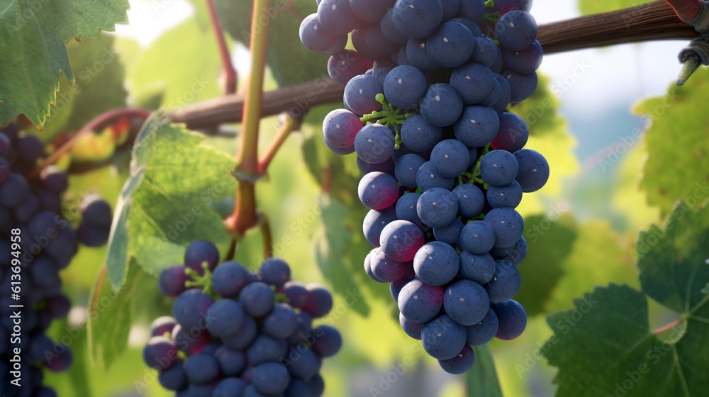 ripe bunches of grapes on the vine. Generative Ai. 