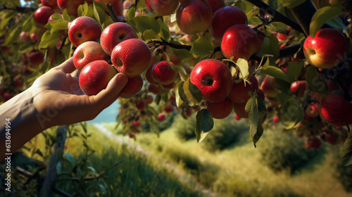 hand picking ripe red apples. Generative Ai.  photo