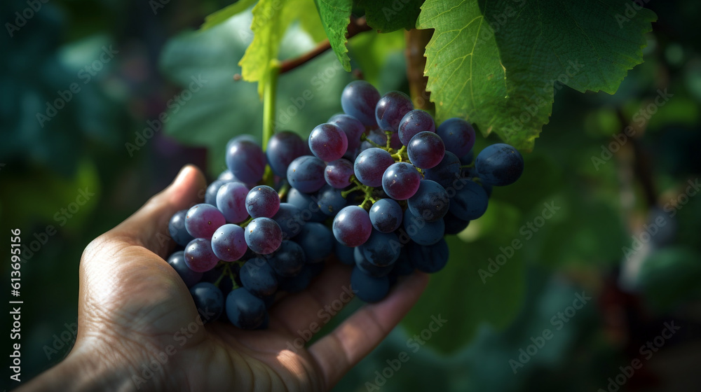 hand holding a bunch of grapes. Generative Ai. hand holding a bunch of grapes. Generative Ai.