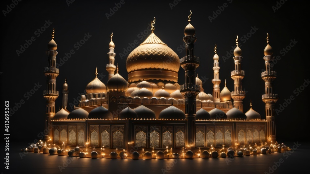 ramadan with beauty mosque  celebration background template illustration. banner, decoration. generative ai