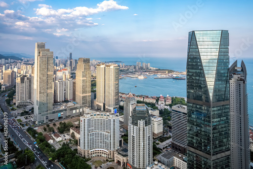 Aerial photography of modern architecture along the urban coastline of Qingdao