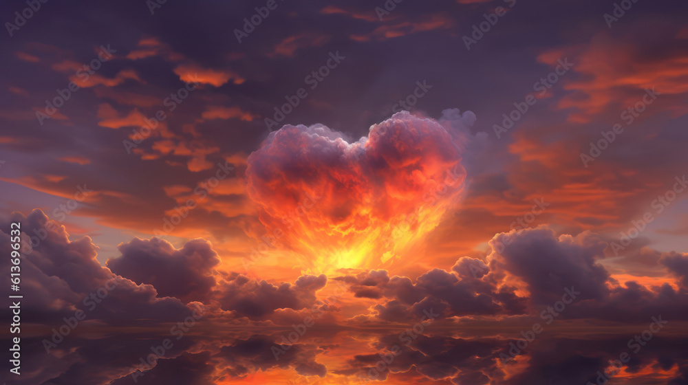 Stunning cloudy sunset sky with a heart shaped cloud Stunning cloudy sunset sky with a heart shaped cloud