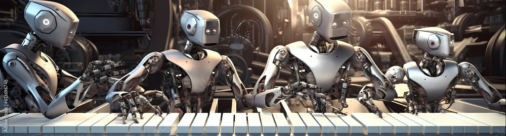 A Group of Silver Robotic Boys Looking at White Blocks Representing the Piano Keyboard with Only White Keys, Created with Generative AI Technology A Group of Silver Robotic Boys Looking at White Blocks Representing the Piano Keyboard with Only White Keys, Created with Generative AI Technology