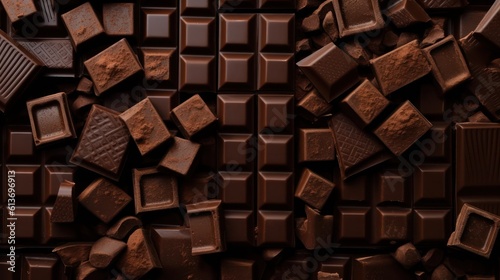 pieces of dark chocolate, sweet food background. broken chocolate for dessert as snack. Generative AI