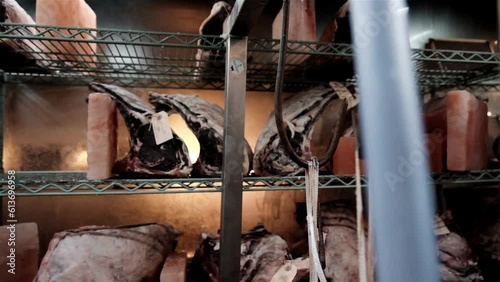 High quality matured beef cuts in a cold store room with salt bricks photo