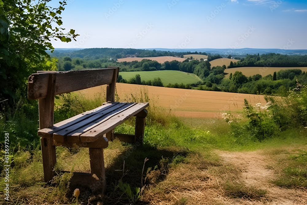 Small wooden bench under the green leafy tree beside countryside