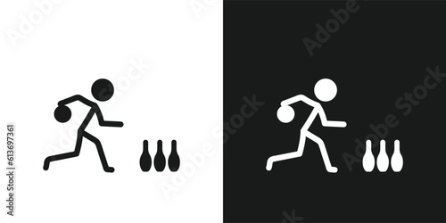 Bowling icon pictogram vector design. Stick figure man bowling player vector icon sign symbol pictogram. Target sport concept. Stickman rolling a ball toward pins